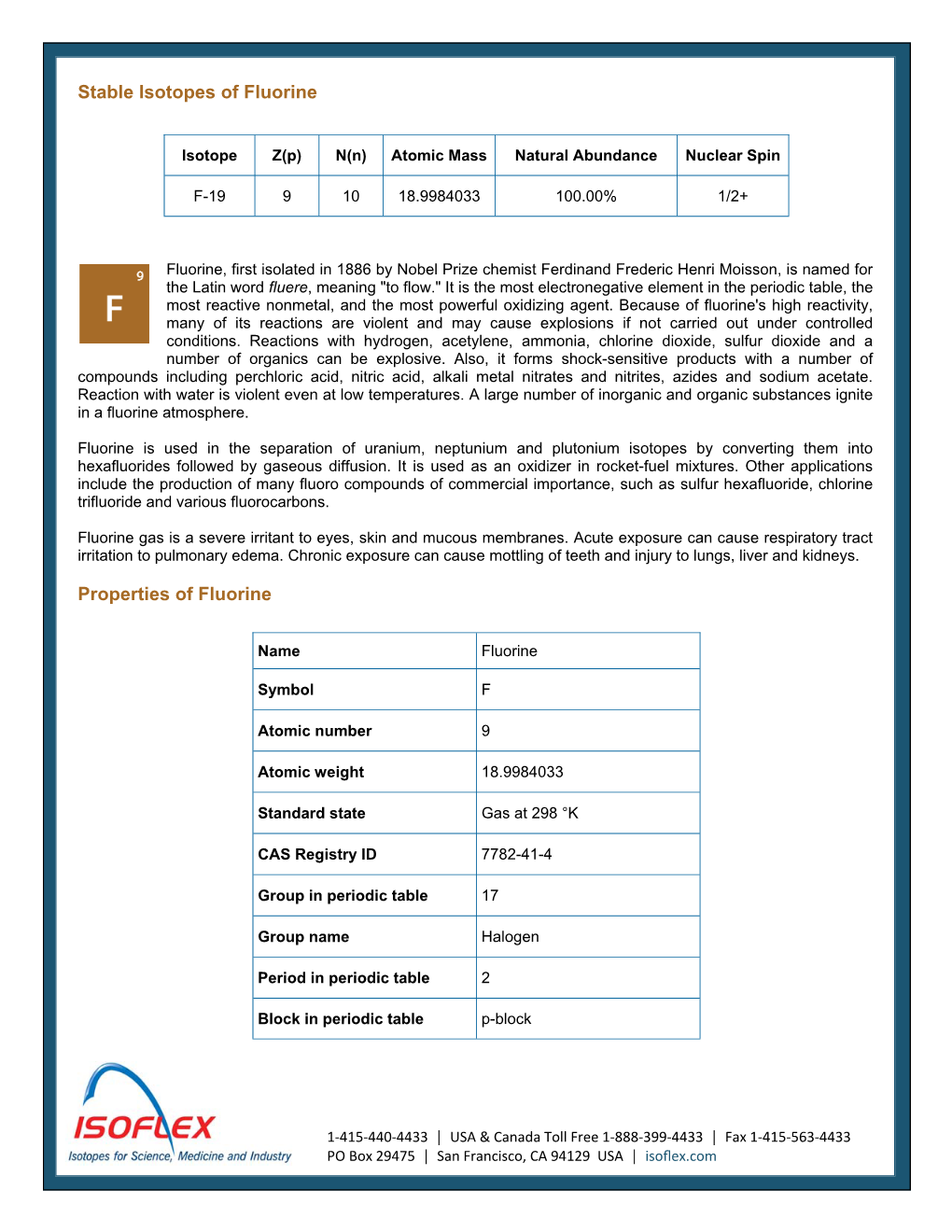 Stable Isotopes of Fluorine Properties of Fluorine