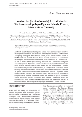Holothurian (Echinodermata) Diversity in the Glorieuses Archipelago (Eparses Islands, France, Mozambique Channel)