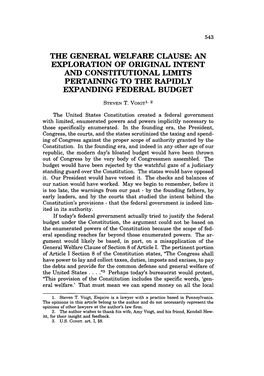 General Welfare Clause: an Exploration of Original Intent and Constitutional Limits Pertaining to the Rapidly Expanding Federal Budget