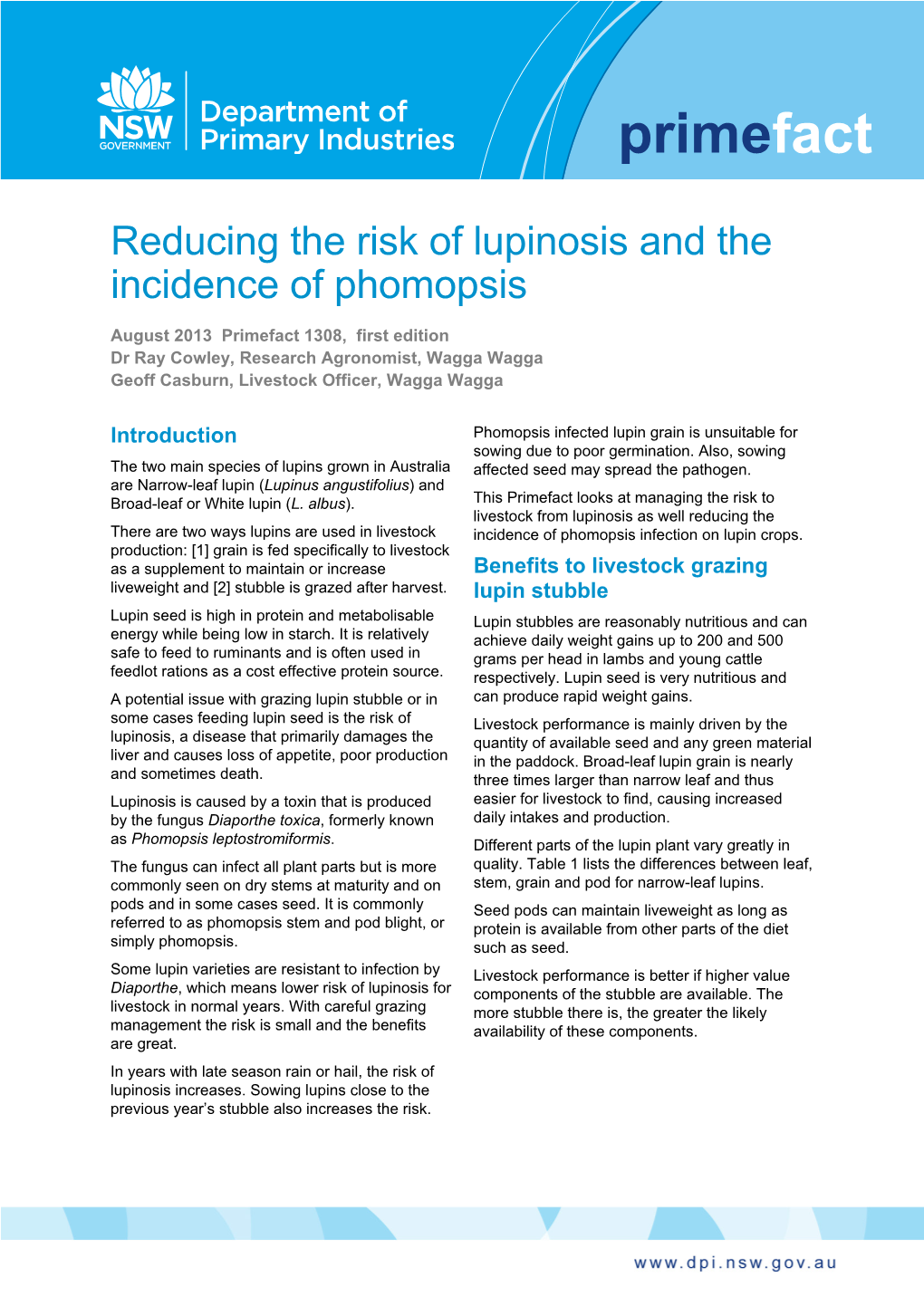 Reducing the Risk of Lupinosis and the Incidence of Phomopsis