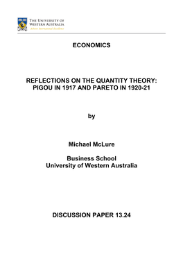 Economics Reflections on the Quantity Theory: Pigou In
