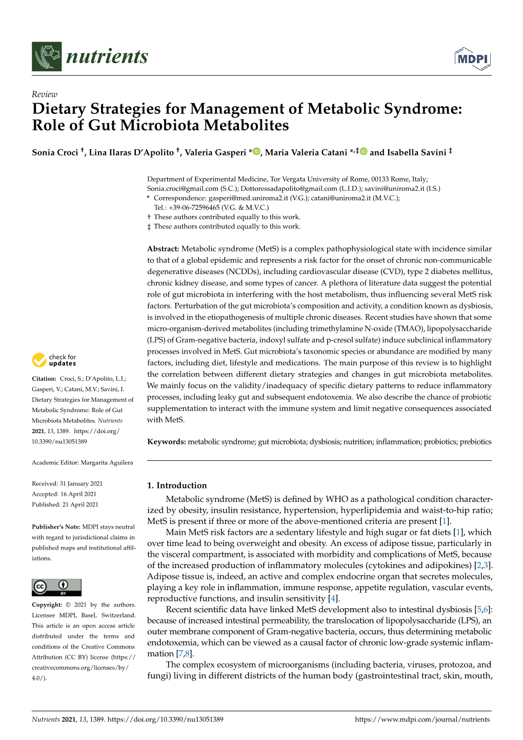 Dietary Strategies for Management of Metabolic Syndrome: Role of Gut Microbiota Metabolites