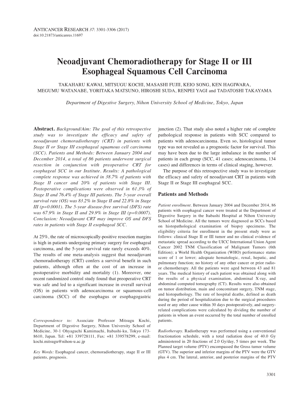 Neoadjuvant Chemoradiotherapy for Stage II Or III Esophageal
