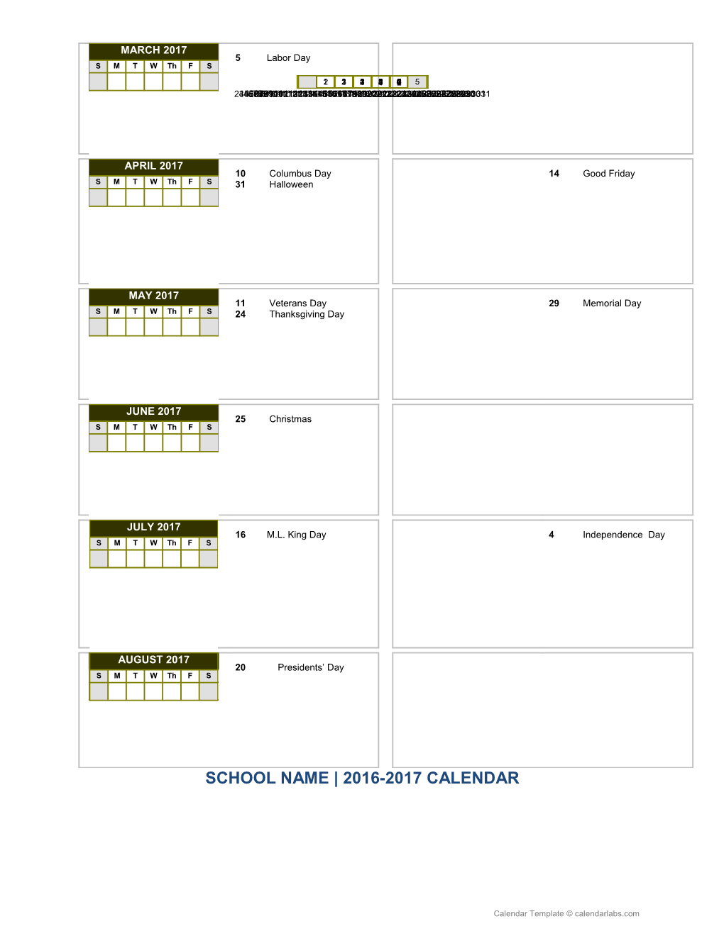 2016-17 School Calendar - Calendarlabs.Com s2