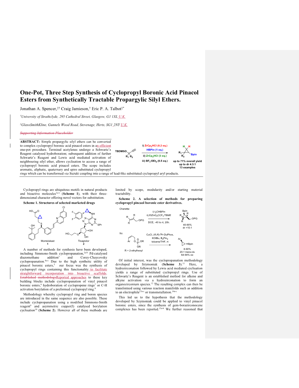 One-Pot, Three Step Synthesis of Cyclopropyl Boronic Acid Pinacol Esters from Synthetically Tractable Propargylic Silyl Ethers