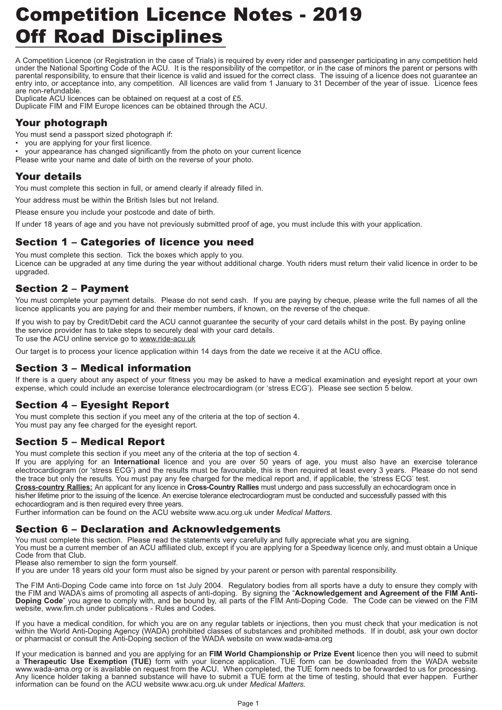 Competition Licence Notes - 2019 Off Road Disciplines