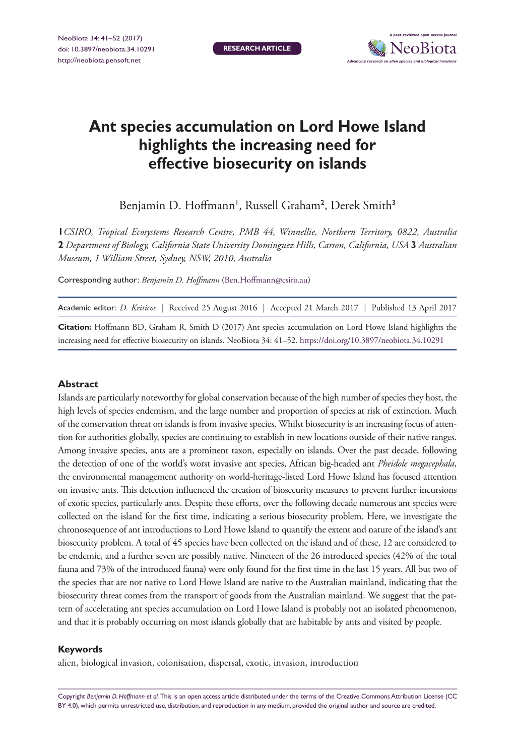 ﻿Ant Species Accumulation on Lord Howe Island Highlights The