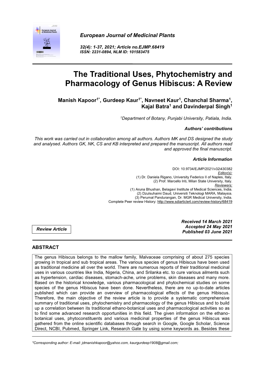 The Traditional Uses, Phytochemistry and Pharmacology of Genus Hibiscus: a Review