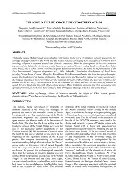 THE HORSE in the LIFE and CULTURE of NORTHERN NOMADS Stepanov Aiaal Ivanovich1*, Popova Natalia Innokentevna2, Romanova Ekaterin