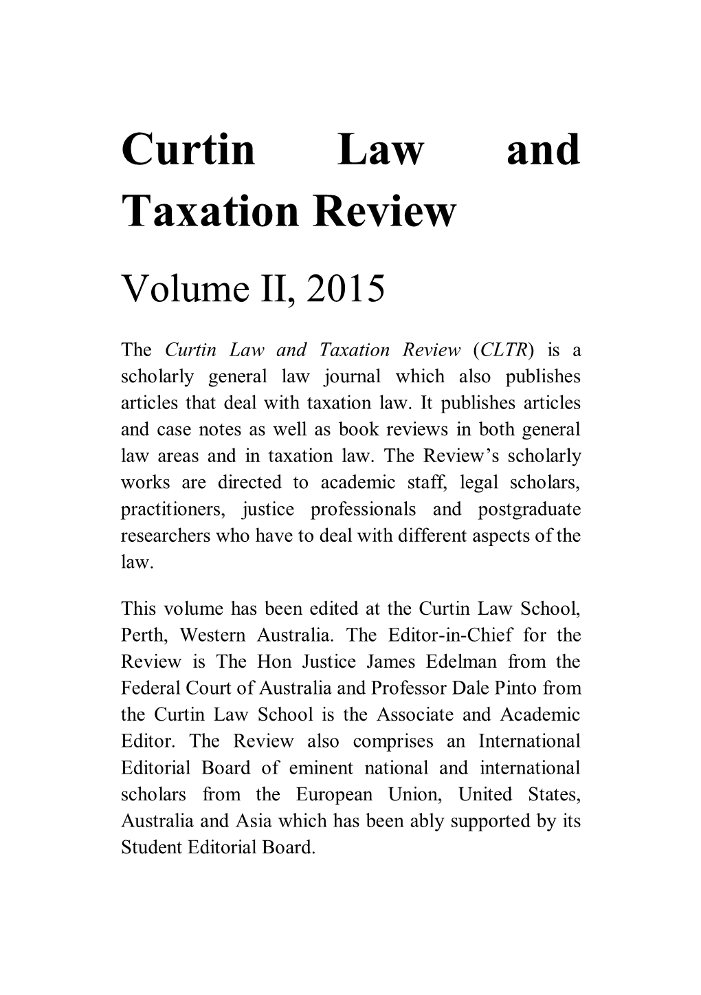 Curtin Law and Taxation Review Volume II, 2015