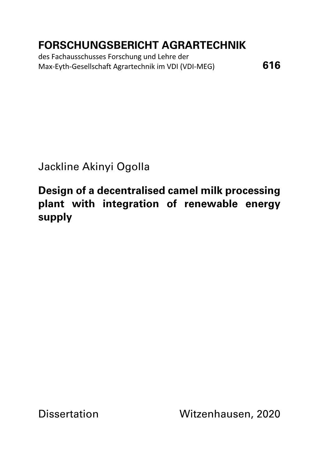Design of a Decentralised Camel Milk Processing Plant with Integration of Renewable Energy Supply