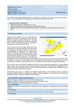 Baghlan Province Flash Floods Incident Report No