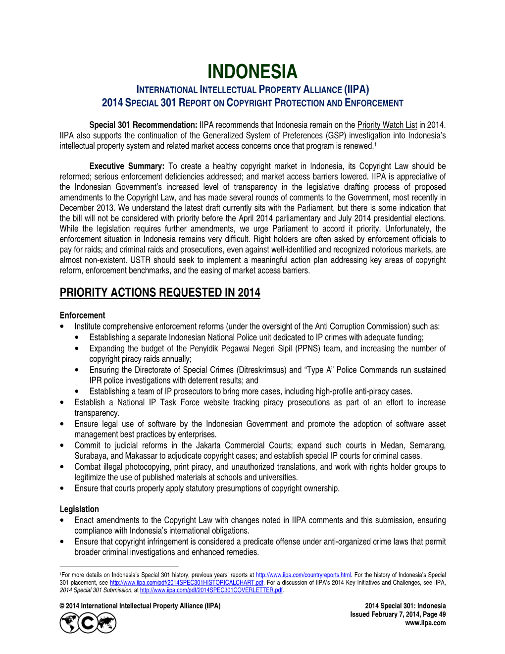 Indonesia International Intellectual Property Alliance (Iipa) 2014 Special 301 Report on Copyright Protection and Enforcement