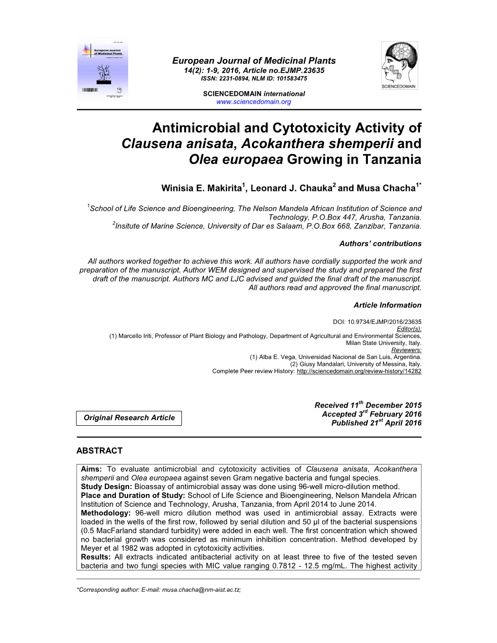 Antimicrobial and Cytotoxicity Activity of Clausena Anisata, Acokanthera