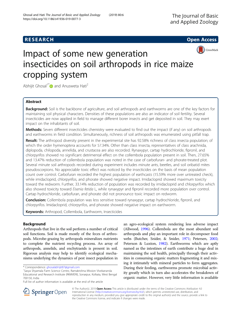 Impact of Some New Generation Insecticides on Soil Arthropods in Rice Maize Cropping System Abhijit Ghosal1* and Anusweta Hati2