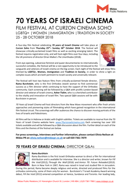 70 Years of Israeli Cinema Film Festival at Curzon Cinema Soho Lgbtq+ |Women |Immigration |Tradition in Society 25 - 28 October 2018