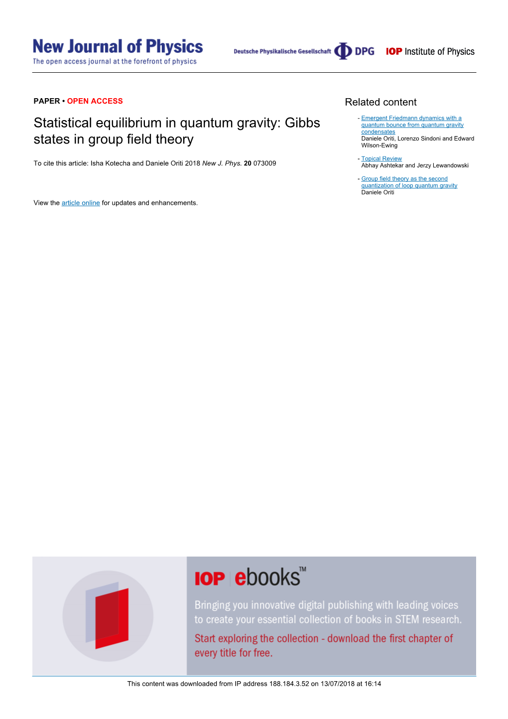 Statistical Equilibrium in Quantum Gravity