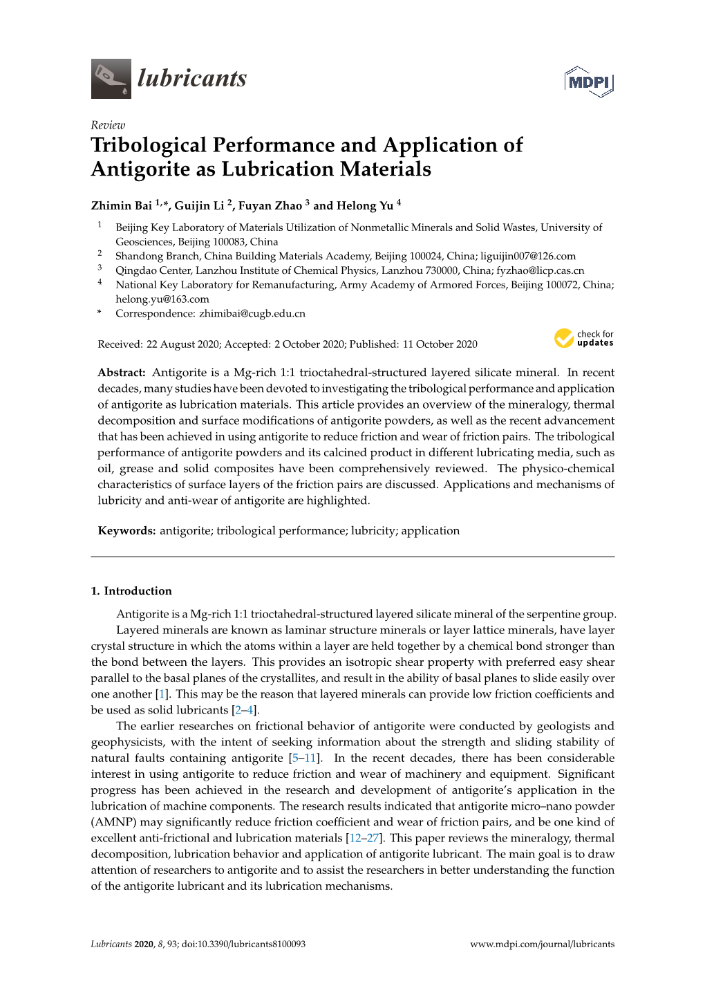 Tribological Performance and Application of Antigorite As Lubrication Materials