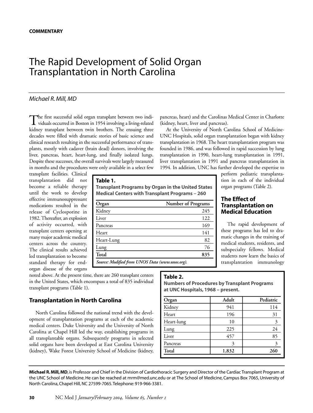 The Rapid Development of Solid Organ Transplantation in North Carolina