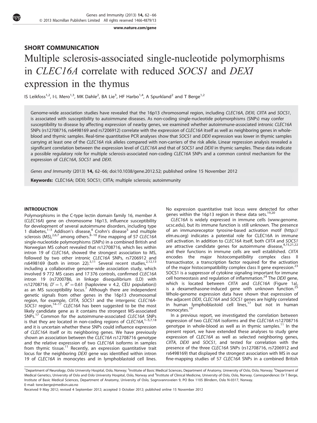 Multiple Sclerosis-Associated Single-Nucleotide Polymorphisms in CLEC16A Correlate with Reduced SOCS1 and DEXI Expression in the Thymus