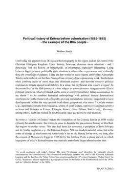Political History of Eritrea Before Colonisation (1865-1885) - the Example of the Blin People