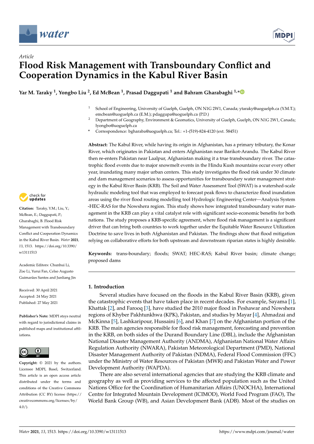 Flood Risk Management with Transboundary Conflict and Cooperation Dynamics in the Kabul River Basin