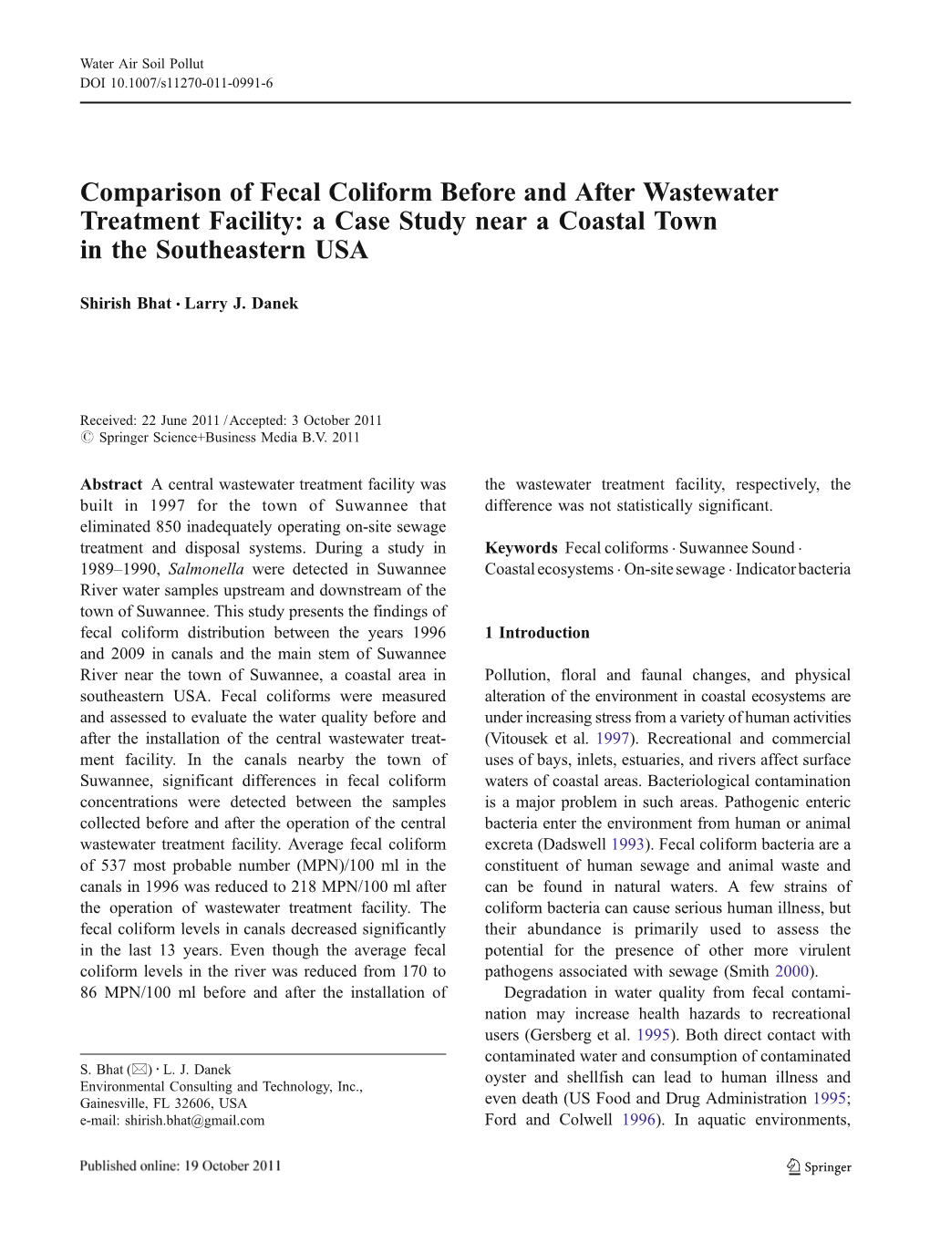 Comparison of Fecal Coliform Before and After Wastewater Treatment Facility: a Case Study Near a Coastal Town in the Southeastern USA