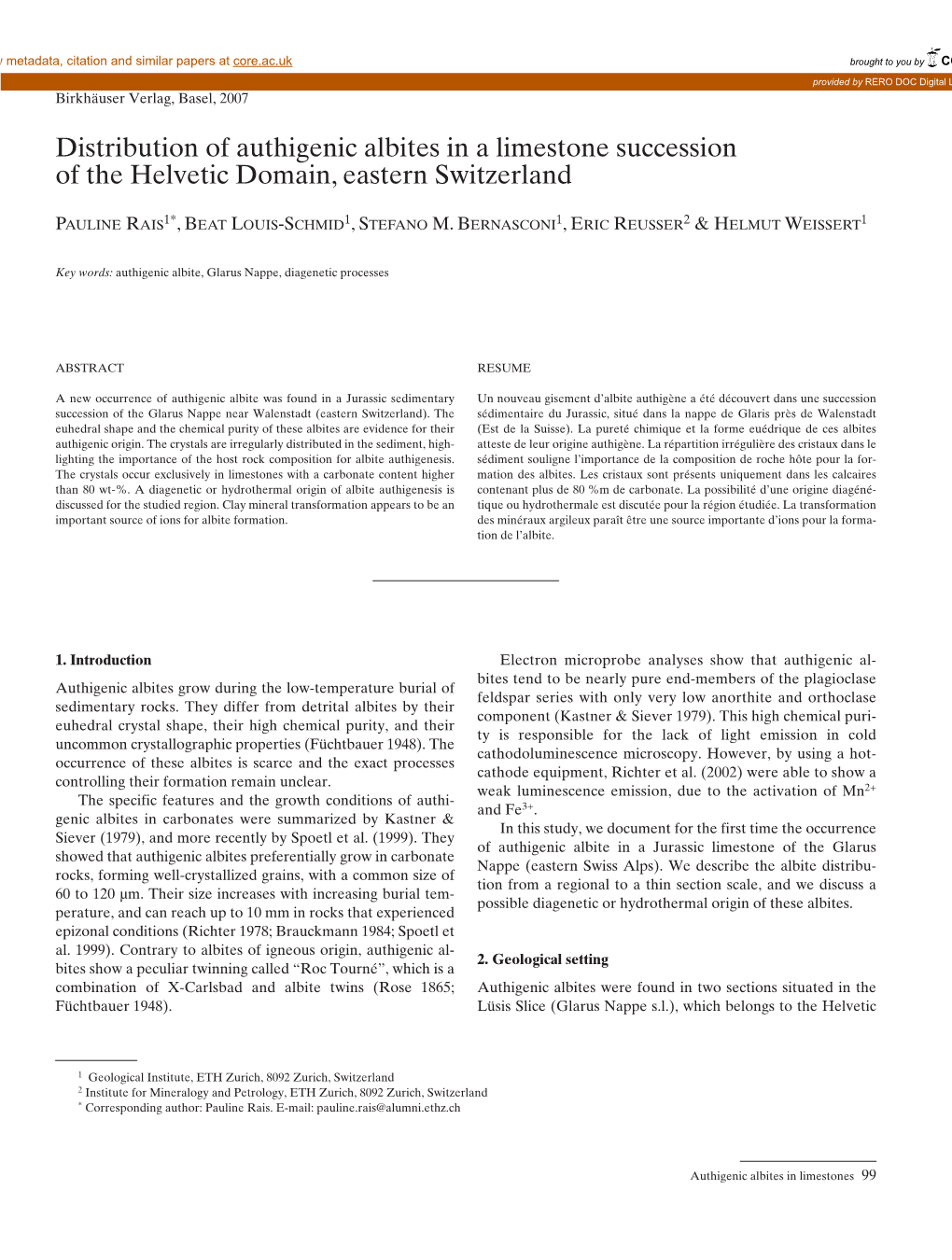 Distribution of Authigenic Albites in a Limestone Succession of the Helvetic Domain, Eastern Switzerland