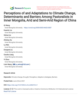 Perceptions of and Adaptations to Climate Change, Determinants and Barriers Among Pastoralists in Inner Mongolia, Arid and Semi-Arid Region of China