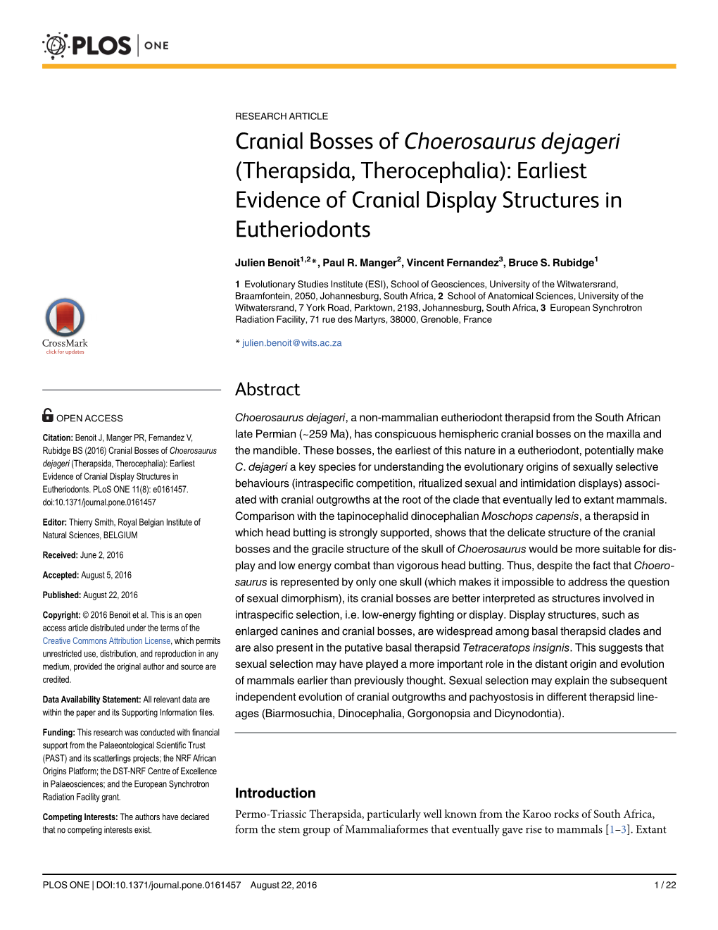 Therapsida, Therocephalia): Earliest Evidence of Cranial Display Structures in Eutheriodonts