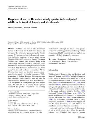 Response of Native Hawaiian Woody Species to Lava-Ignited Wildfires In