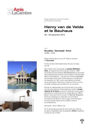Henry Van De Velde Et Le Bauhaus 26 – 29 Septembre 2019