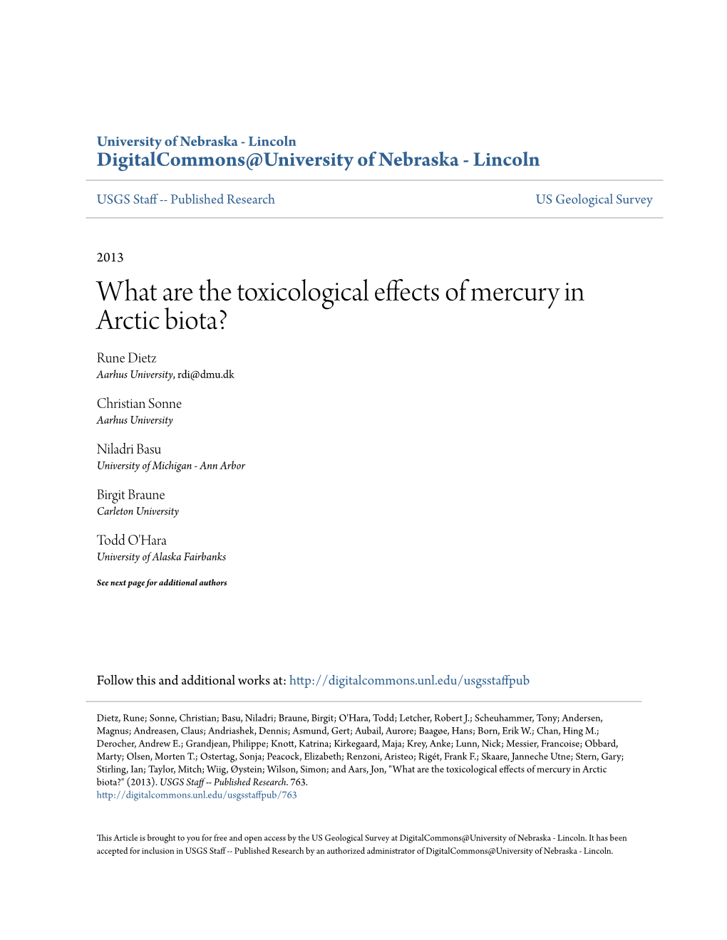 What Are the Toxicological Effects of Mercury in Arctic Biota? Rune Dietz Aarhus University, Rdi@Dmu.Dk