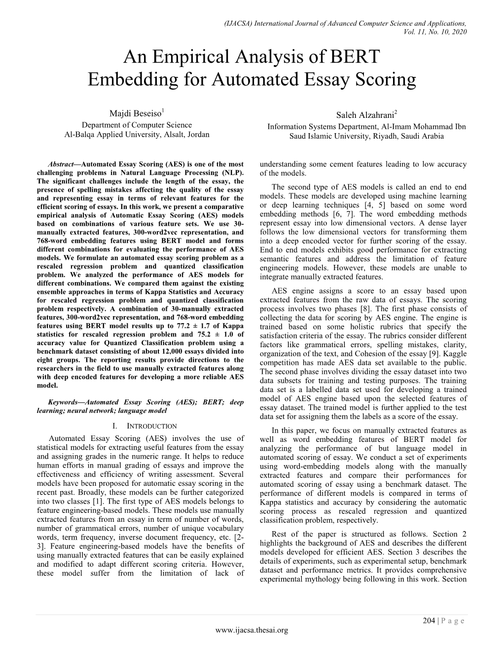 An Empirical Analysis of BERT Embedding for Automated Essay Scoring