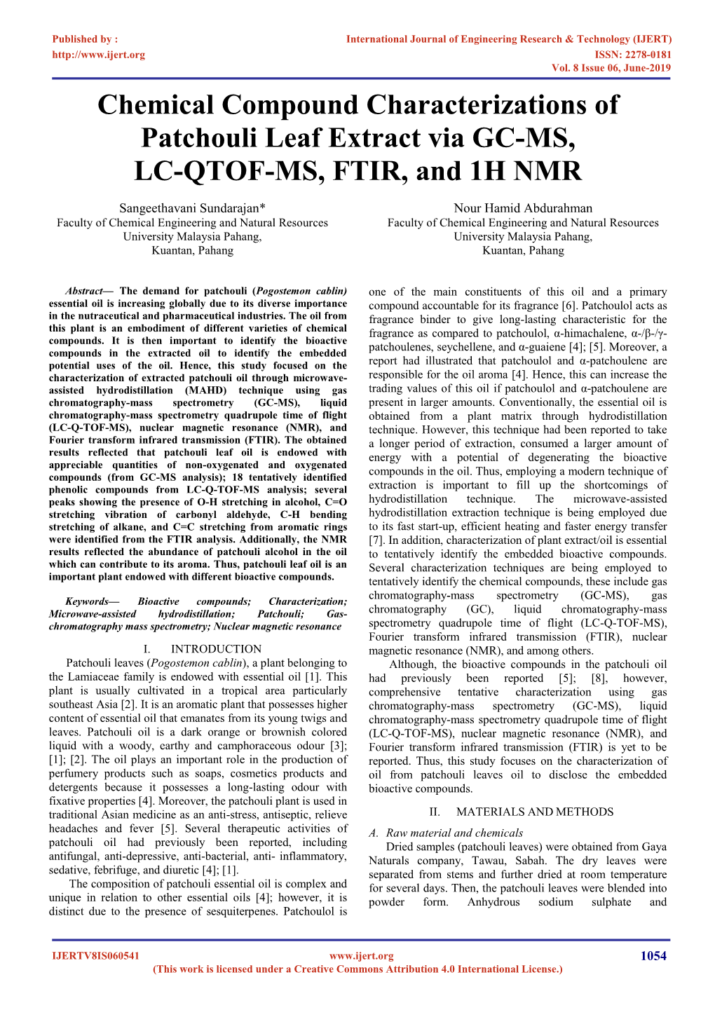 Chemical Compound Characterizations of Patchouli Leaf Extract Via GC-MS, LC-QTOF-MS, FTIR, and 1H NMR