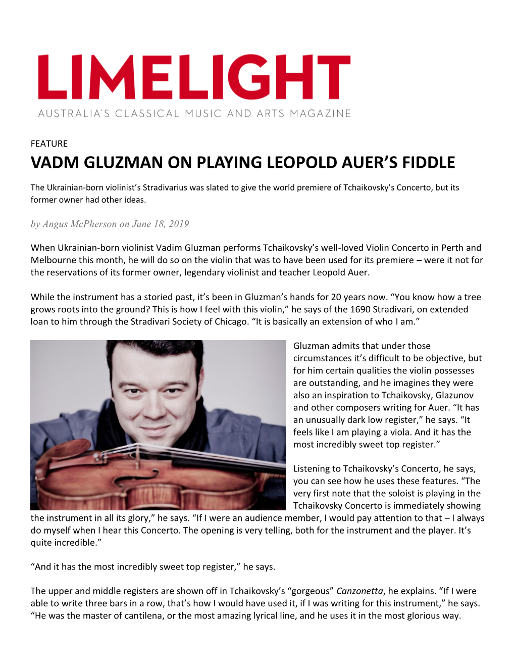 Vadm Gluzman on Playing Leopold Auer's Fiddle