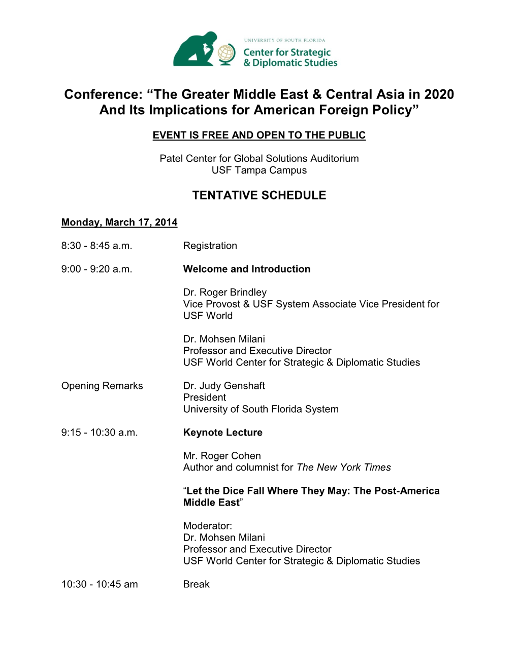 Tentative Conference Program Middle East and Central Asia in 2020