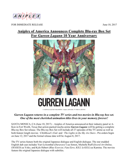 Aniplex of America Announces Complete Blu-Ray Box Set for Gurren Lagann 10 Year Anniversary