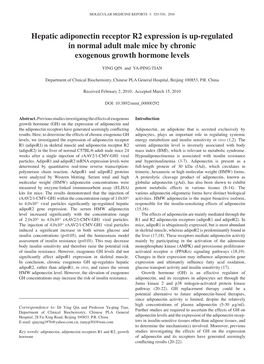 Hepatic Adiponectin Receptor R2 Expression Is Up-Regulated in Normal Adult Male Mice by Chronic Exogenous Growth Hormone Levels