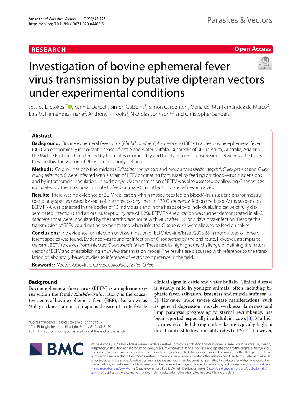 Investigation of Bovine Ephemeral Fever Virus Transmission by Putative Dipteran Vectors Under Experimental Conditions Jessica E