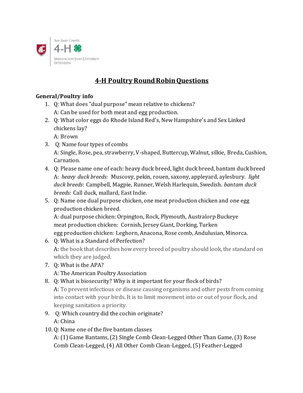 4-H Poultry Round Robin Questions