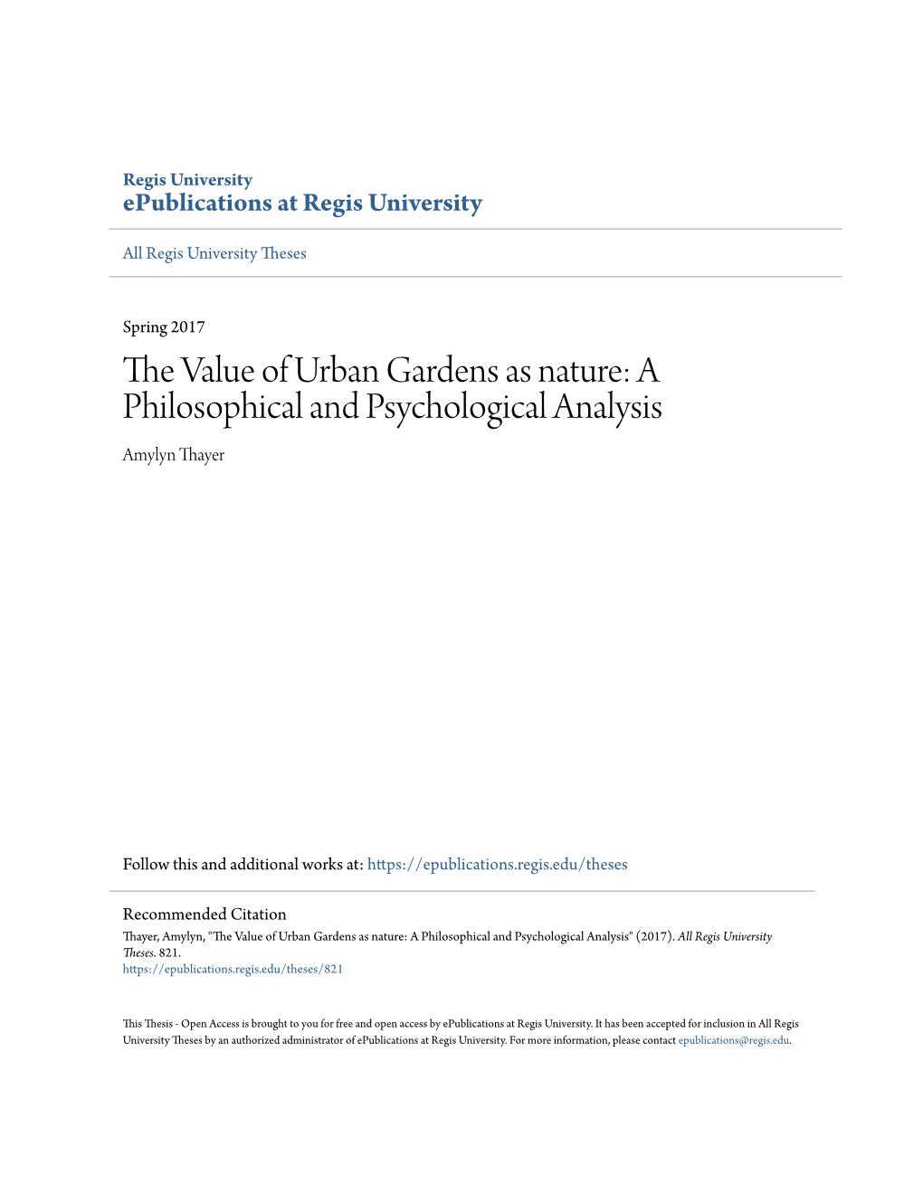 The Value of Urban Gardens As Nature: a Philosophical and Psychological Analysis