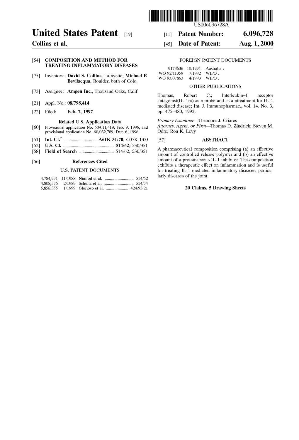 United States Patent (19) 11 Patent Number: 6,096,728 Collins Et Al