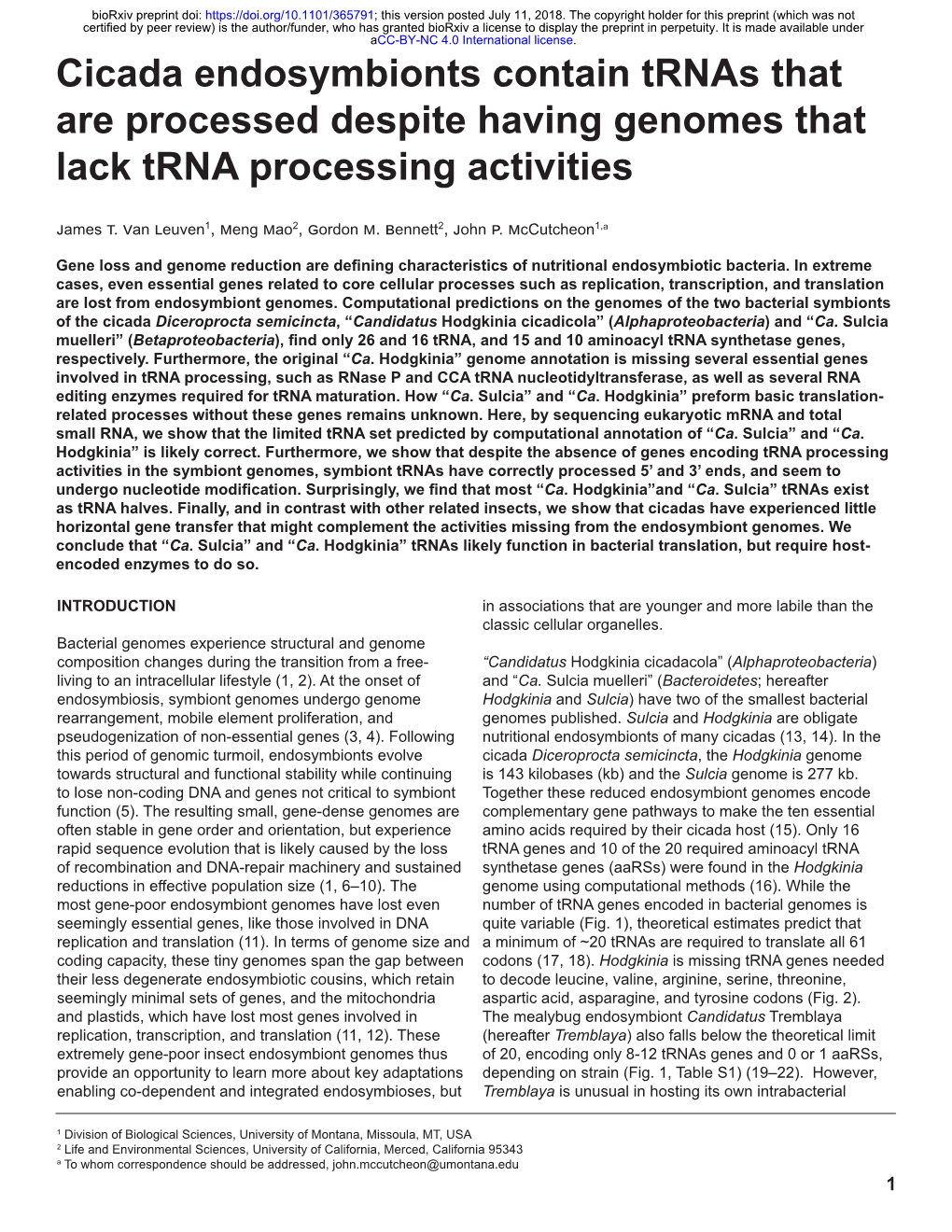 Cicada Endosymbionts Contain Trnas That Are Processed Despite Having Genomes That Lack Trna Processing Activities