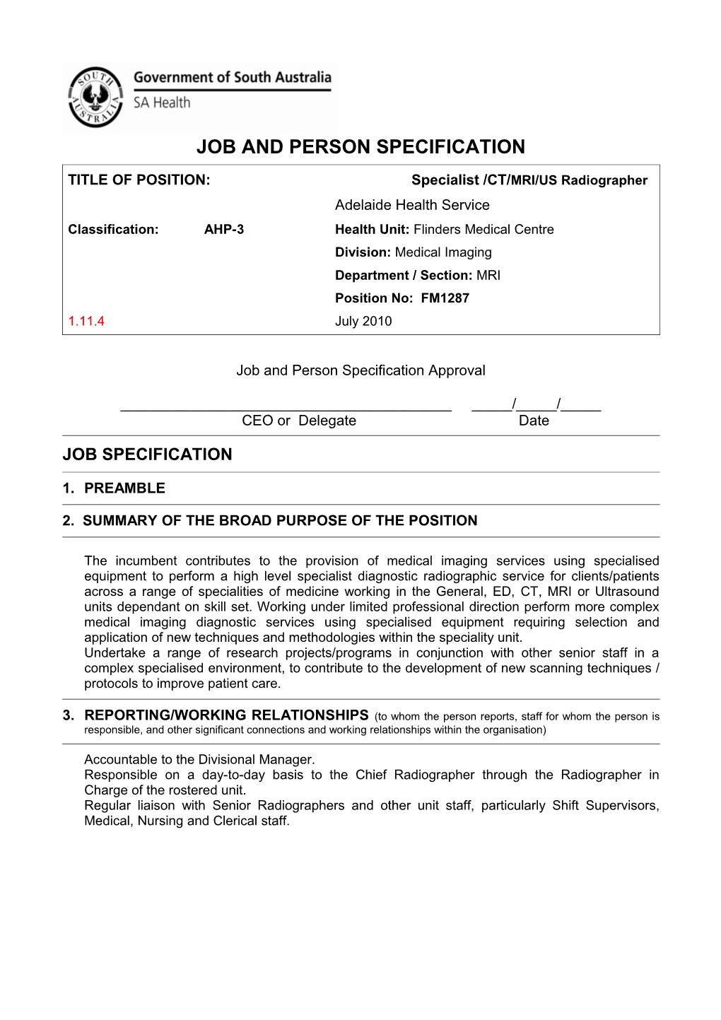 Classification: AHP-3 Health Unit: Flinders Medical Centre