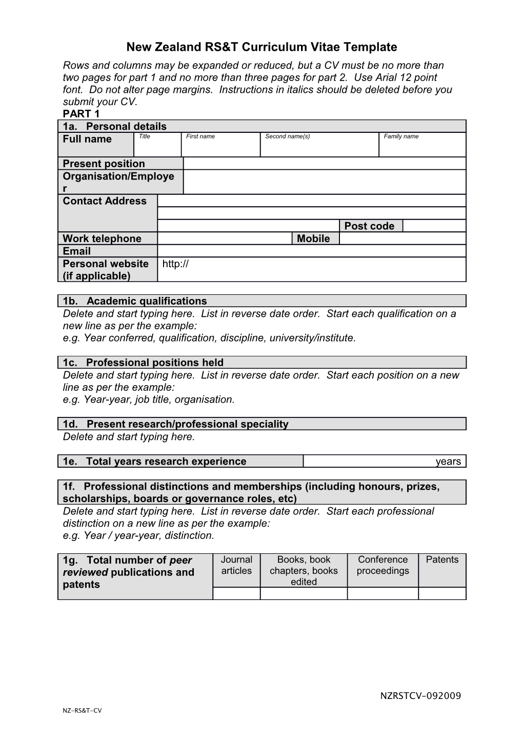 New Zealand RS&T Curriculum Vitae Template