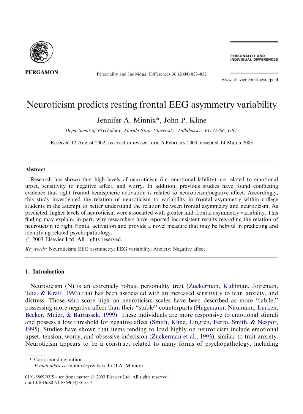 Neuroticism Predicts Resting Frontal EEG Asymmetry Variability