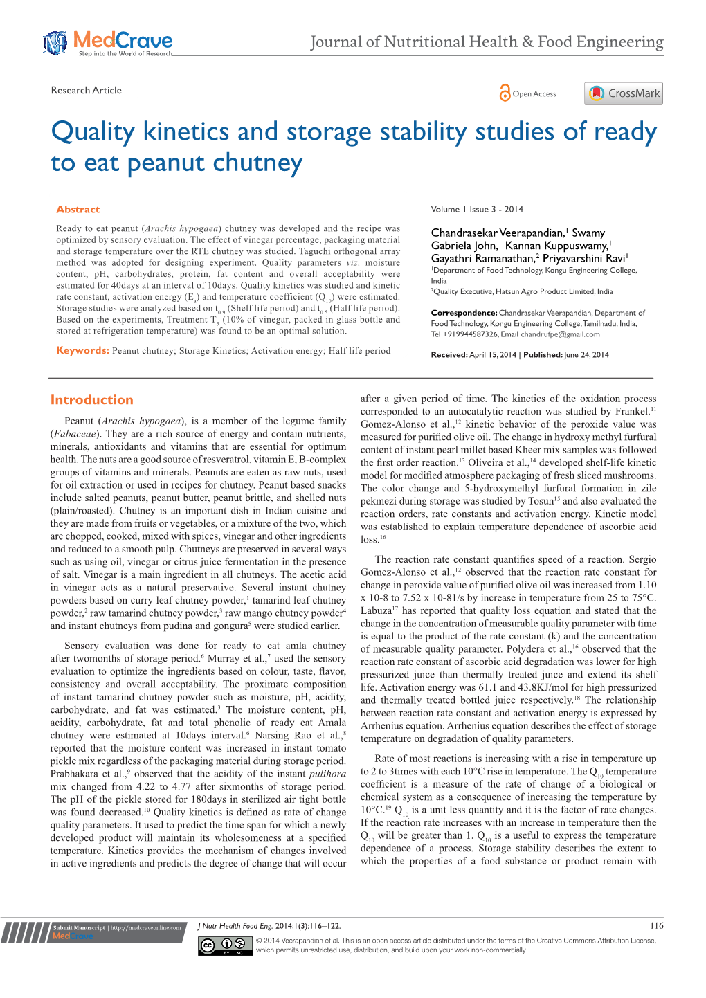 Quality Kinetics and Storage Stability Studies of Ready to Eat Peanut Chutney