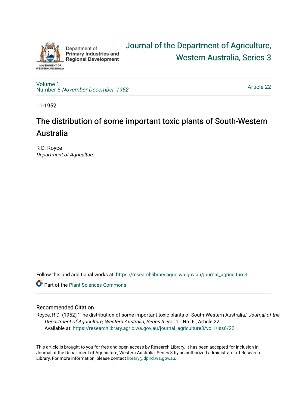 The Distribution of Some Important Toxic Plants of South-Western Australia
