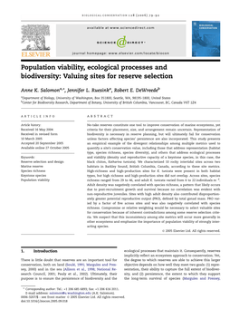 Population Viability, Ecological Processes and Biodiversity: Valuing Sites for Reserve Selection